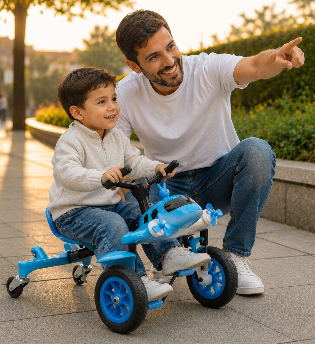 Pai e filho se divertindo com o Quadriciclo Infantil AeroKids® azul